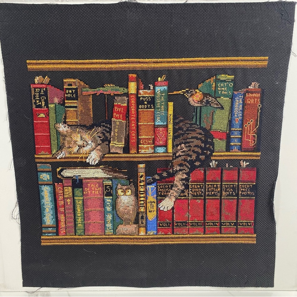 COMPLETED Cross Stitch “Frederick The Literate Cat” Library Office Art Unframed